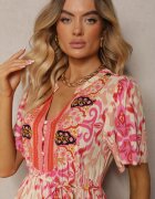 rosse line Rochie Boho Roșie din Viscoză cu Nasturi Decorativi și o Curea Subțire în Talie Dimosia