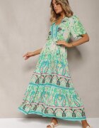 rosse line Rochie Boho Verde din Viscoză cu nasturi decorativi și o curea subțire în talie Dimosia
