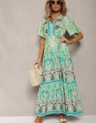 rosse line Rochie Boho Verde din Viscoză cu nasturi decorativi și o curea subțire în talie Dimosia
