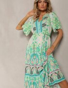 rosse line Rochie Boho Verde din Viscoză cu nasturi decorativi și o curea subțire în talie Dimosia