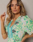 rosse line Rochie Boho Verde din Viscoză cu nasturi decorativi și o curea subțire în talie Dimosia