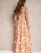 rosse line Rochie portocalie cu croi evazat floral din bumbac și viscoză cu legătură la decolteu Nasima