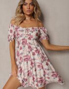 rosse line Rochie Roz-Bej cu decolteu legat și mâneci bufante cu elastic la spate cu imprimeu floral Vikolla