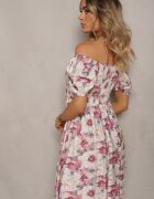 rosse line Rochie Roz-Bej cu decolteu legat și mâneci bufante cu elastic la spate cu imprimeu floral Vikolla