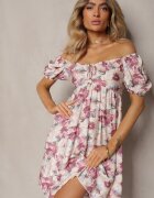 rosse line Rochie Roz-Bej cu decolteu legat și mâneci bufante cu elastic la spate cu imprimeu floral Vikolla