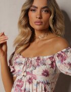 rosse line Rochie Roz-Bej cu decolteu legat și mâneci bufante cu elastic la spate cu imprimeu floral Vikolla