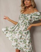 rosse line Rochie Verde-Bej cu Decolteu legat și Mâneci bufante cu elastic la spate cu model floral Vikolla