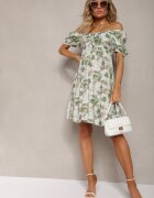 rosse line Rochie Verde-Bej cu Decolteu legat și Mâneci bufante cu elastic la spate cu model floral Vikolla