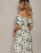 rosse line Rochie Verde-Bej cu Decolteu legat și Mâneci bufante cu elastic la spate cu model floral Vikolla
