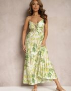 rosse line Rochie Verde cu Fason Cloș Florală din Bumbac și Viscoză cu Șnur la Decolteu Nasima