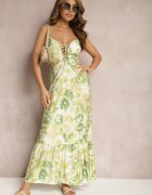 rosse line Rochie Verde cu Fason Cloș Florală din Bumbac și Viscoză cu Șnur la Decolteu Nasima