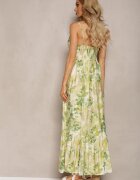 rosse line Rochie Verde cu Fason Cloș Florală din Bumbac și Viscoză cu Șnur la Decolteu Nasima