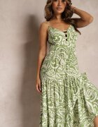 rosse line Rochie Verde Evazată cu Vâscoză și Bumbac Finisată cu Elastic în Talie și Volan Dimikka