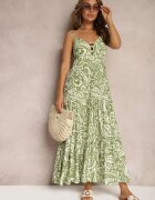 rosse line Rochie Verde Evazată cu Vâscoză și Bumbac Finisată cu Elastic în Talie și Volan Dimikka