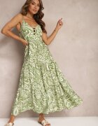 rosse line Rochie Verde Evazată cu Vâscoză și Bumbac Finisată cu Elastic în Talie și Volan Dimikka