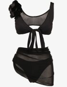 rosse line Sutien și Chiloți Bikini Negre cu Broșă Floare 3D și Pareo Plasă Folissa