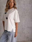 rosse line T-shirt din viscoză decorat cu flori și perle Muvine Alb