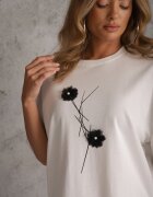 rosse line T-shirt din viscoză decorat cu flori și perle Muvine Alb