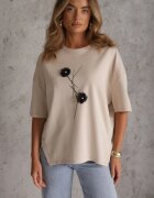 rosse line T-shirt din viscoză decorat cu flori și perle Muvine Bej deschis