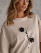rosse line T-shirt din viscoză decorat cu flori și perle Muvine Bej deschis