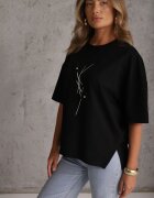 rosse line T-shirt din viscoză decorat cu flori și perle Muvine Negru