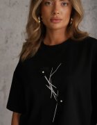 rosse line T-shirt din viscoză decorat cu flori și perle Muvine Negru