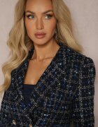  Sacou din tweed negru-bleumarin cu două rânduri de nasturi bijuterie Nallet