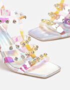  Sandale Argintii cu toc cu barete transparente decorate cu zirconii Luxnia