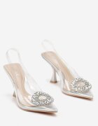  Sandale Argintii Transparente cu toc Stiletto cu cataramă cu zirconii Orchia