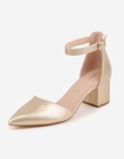  Sandale elegante aurii Vices cu toc gros cu branț din piele decorate cu sclipici Leanelith