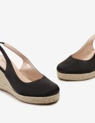  Sandale Espadrile Negre cu Față Satinată și Pană Împletită Manolla