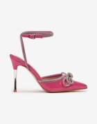  Sandale fucsia cu toc subțire cu fundiță decorativă și barete cu strasuri Vivalai