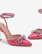  Sandale fucsia cu toc subțire cu fundiță decorativă și barete cu strasuri Vivalai