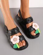  Sandale Negre cu Baretă la Călcâi și cu Floare Decorativă Qiara
