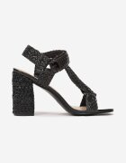  Sandale Negre cu toc gros decorate cu motiv împletit Sednatih