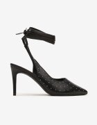  Sandale Negre cu toc stiletto cu barete legate și zirconii Jenglla