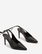  Sandale Negre cu toc stiletto cu barete legate și zirconii Jenglla