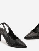  Sandale Negre cu toc stiletto cu barete legate și zirconii Jenglla