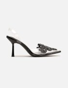  Sandale Negre cu toc stiletto cu cristale cu baretă transparentă Atilze