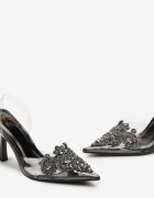  Sandale Negre cu toc stiletto cu cristale cu baretă transparentă Atilze