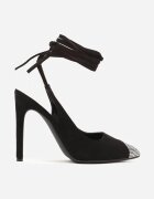  Sandale Negre cu vârf decorat cu strasuri și legătură în jurul gambei pe toc stiletto Hlienoma