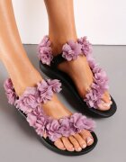  Sandale Negru-Violet cu Velcro și Aplicație cu Flori Dytia