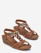  Sandale Slip-on Maro cu talpă compensată cu baretă cu cristale și mărgele Tigno