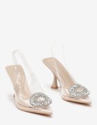  Sandale Transparente Bej cu toc stiletto cu cataramă cu zirconii Orchia