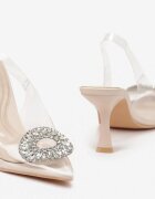  Sandale Transparente Bej cu toc stiletto cu cataramă cu zirconii Orchia