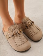 sergio todzi Papuci mule în stil Boho cu textură de piele întoarsă cu franjuri și mărgele Diassa Bej închis
