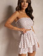  Set 2 Piese Alb-Roz Încrețit Top Bandeau Pantaloni scurți tip fustă cu Elastic Qalifea