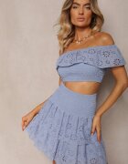  Set 2 piese din bumbac albastru deschis Top tip spaniol ajurat Fustă cu elastic în talie Mavima