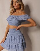  Set 2 piese din bumbac albastru deschis Top tip spaniol ajurat Fustă cu elastic în talie Mavima