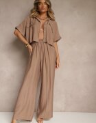  Set 2 Piese Maro din Viscoză Cămașă Croială Lejeră Pantaloni Largi Velvitela